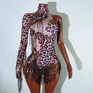 Sexy Leopard Print Rhinestone Stretch Bodysuit Dance Singer Birthday Party Nightclub Bar Stage Costumes Drag Queen Outfit