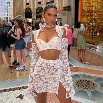 Conjunto de falda ahuecada de encaje sexy para mujer, top corto con cuello cuadrado y cinta, minifalda dividida de corte A, conjunto de verano para mujer