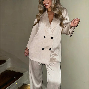 European and American Style Spring and Summer New Women's Clothing Wrinkle Effect Double Breasted Suit Jacket Pants Set