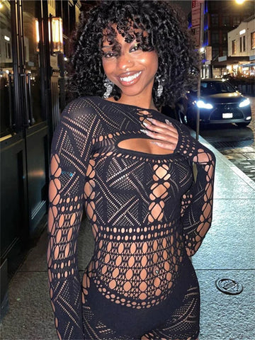 Streetwear Women One-pieces Outfits Rompers Jumpsuits Summer Long Sleeve Hollow Out Bodycon Mesh Black Romper Playsuits