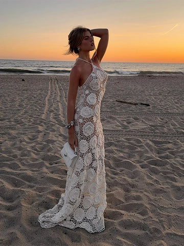 Sexy Neck Hanging Knitted Hollow Women's Dress Fashionable Sleeveless Solid Backless Long Dresses Female Summer Chic Beach