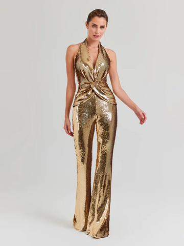 Mono de lentejuelas doradas sin mangas para mujer, sexy, con escote en V y lentejuelas brillantes, cintura alta, pantalones de pierna ancha, mono para fiesta de noche de celebridades