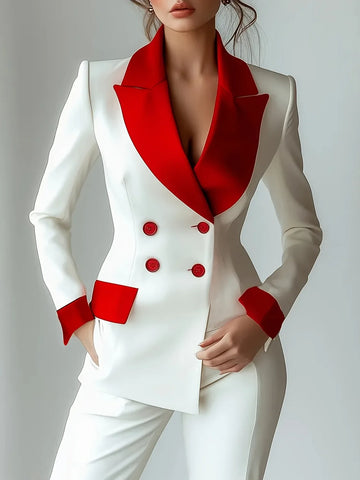Women Patchwork Short Blazer Jacket Nothed Collar Fashion Office Lady Long Sleeve Elegant Casual Double Breasted Blazer Coat