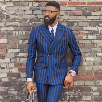 Wide Stripe Men Suits for Business Double Breasted Wedding Tuxedos 2 Pcs Groom Wear Peaked Lapel Blazer (Jacket + Pants)