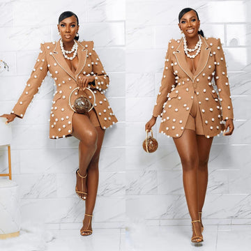 Luxury Women Long Blazer Beads Pearls Tuxedos One Button Peak Lapel Lady Slim Fit Coat 2 Pcs Jacket Pants Customized