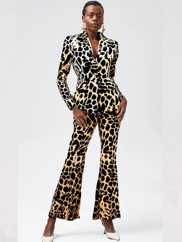 Velvet Pant Suits for Women New Red Blue Leopard Print Flare Pants + Jacket 2pcs Suit Two Piece Set Festival Outfit Women