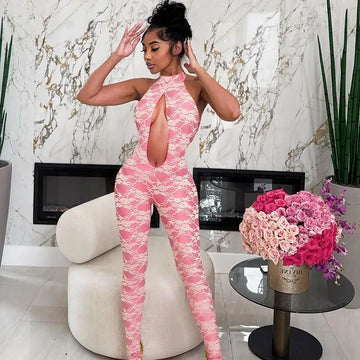 Women'S Color Clash Lace Patchwork Hanging Neck Drawstring Off Shoulder Hollow Out Large Backless Skinny Jumpsuit