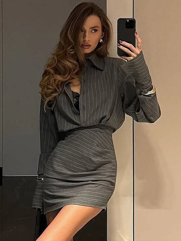 Striped Shirt Mini Skirt Women Two Piece Sets Single Breasted Full Sleeve Blouse Ruched Hip Package Skirts Spring Lady Suit