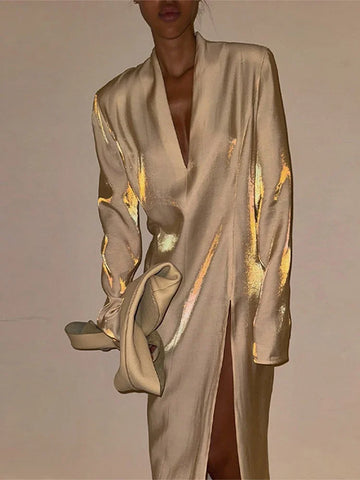 Glitter Party Long Dress Women Sexy V-neck High Split Female Dresses Spring Summer Street Elegant Full Sleeves Lady Robe
