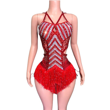 Body à pompons scintillants et strass, tenue de danse sexy ajourée, tenue de discothèque, tenue de scène pour chanteuse et danseuse