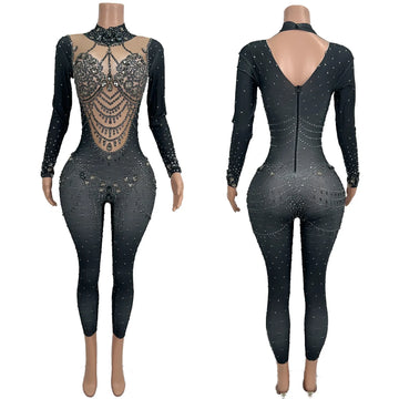 Fancy Rhinestone Spandex Tight Fitting Sparkly Jumpsuit Nightclub Stage Performance Dancewear Sexy Women Bar Party Outfit