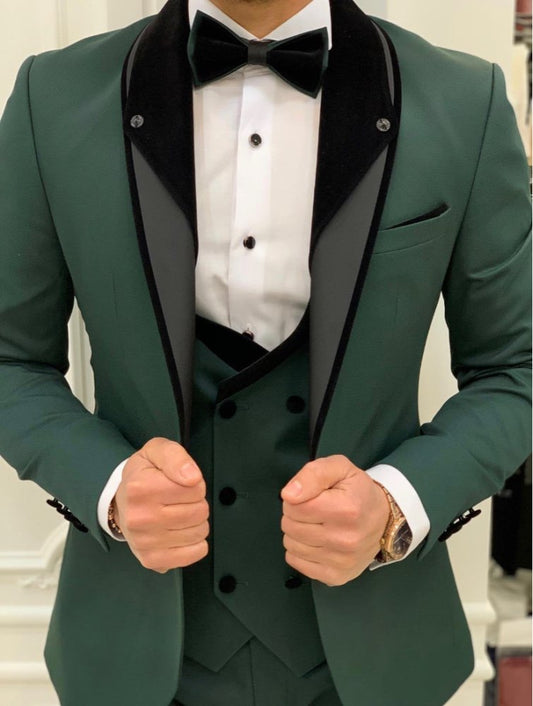 Costume de smoking pour homme, 3 pièces, veste, gilet et pantalon, pour mariage, formel, blazer, écharpe verte