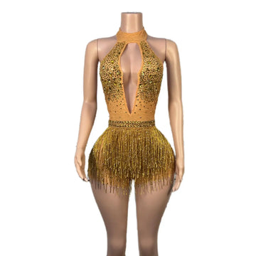 Glamorous Backless Fringe Bodysuit with Rhinestones for Dance, Performance, and Nightclub Events