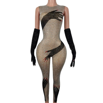 Glamorous Rhinestone Black Hand Design Jumpsuit for Women - Sparkly Stage Performance Costume, Perfect for Dance and Celebrations