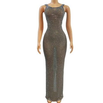 Superbe robe longue noire dos nu ornée de strass – Robe de soirée élégante et transparente pour femme
