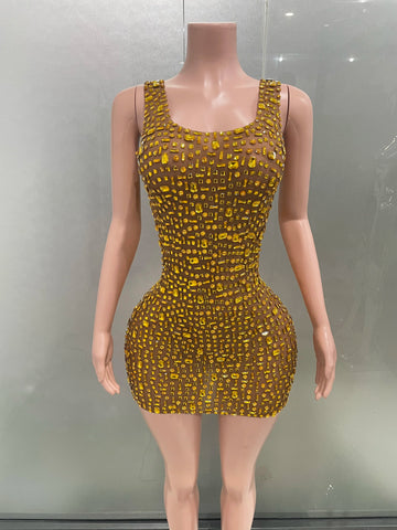 Vestido corto transparente sin mangas con brillantes diamantes de imitación dorados para mujer, ideal para noche, cumpleaños, club, cantante y espectáculo.