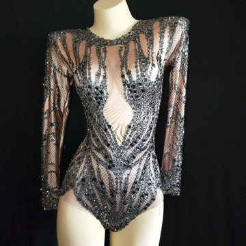 Glamorous Rhinestone Bodysuit with Long Sleeves for Women - Stunning Crystal Stage Leotard for Parties and Performances