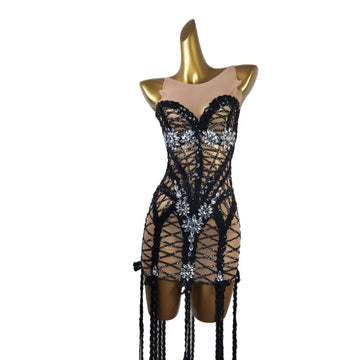 Sexy Transparent Diamonds Black Sequins Bodycon Short Dress for Women Party Celebriate Birthday Dress Show Stage Wear