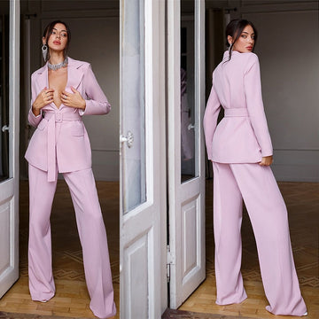 Ensemble 2 pièces sexy violet pour femme, col en V, blazer et pantalon à nouer à la taille, robe de bal, veste et ceinture