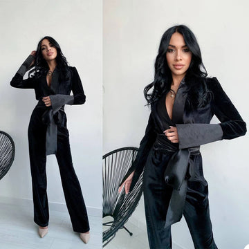 Combinaison sexy en velours noir pour femme, col en V, avec ceinture, revers châle, pantalon large sur mesure, tenue de soirée au quotidien