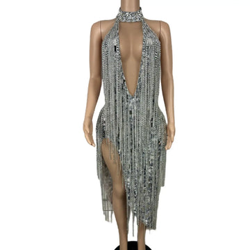 Glamorous Silver Halter Backless Dress with Sparkling Chain Design for Stunning Prom and Birthday Celebrations