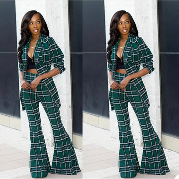 Ensemble 2 pièces blazer et pantalon à carreaux pour femme, veste ample à revers crantés, pantalon évasé à manches longues et pantalon