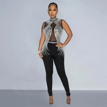 Monos de fiesta ajustados y sexis con malla transparente y retazos de diamantes para mujer, sin mangas, elegantes, con diamantes de imitación, para discoteca