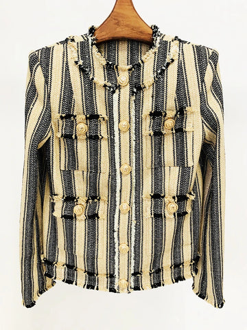 Newest Outerwear Women's Elegant Yellow Black Striped Tassel Fringed Tweed Jacket