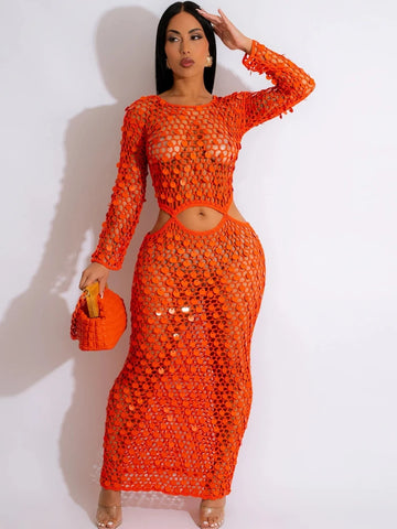 New Chic Mother of Pearl Crochet Cover Up Dress for Women Summer Hollow Out Sequins Beach Dress Vacation Outfits