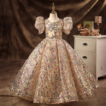 Robe de princesse à paillettes champagne personnalisée, robe de bal moelleuse pour fille, robes de demoiselle d'honneur pour enfants, fête de mariage