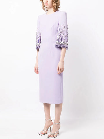 Newest Fashion Vestido Women's Half Sleeve Stunning Beaded Midi Dress
