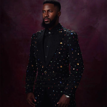 Customized Sparkly Metal Embellished Tuxedos Men Suits Slim Male Party Prom Blazers 2 Pieces Sets Wedding Groom Costume Homme