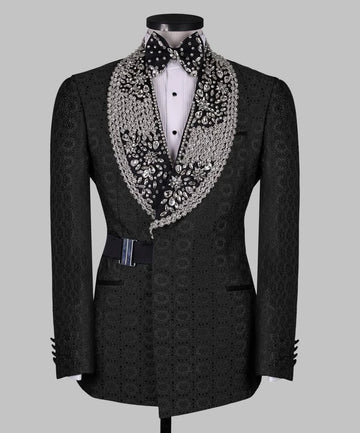 Luxurious Crystal Men Suits for Wedding Shawl Collar Belt Tuxedos Groom Party 2 Pcs Blazer Pants Customized Suit