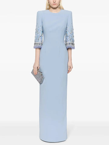 Newest Fashion Vestido Women's Half Sleeve Stunning Beaded Long Maxi Dress