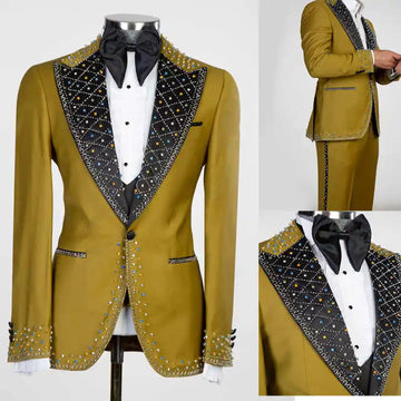 Bling Wedding Tuxedos Beading Beaded One Button Men Suit Peaked Lapel 2 Piece Set Jacket Pants Groom Blazers Customized