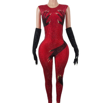 Sparkly Red Rhinestone Jumpsuit Black Hand Gloves Women Celebrate Tights Performance Costume Singer Show Stage Wear