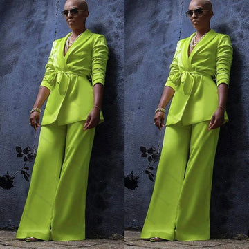 Costume 2 pièces vert à revers châle pour femme, robe blazer à lacets, sur mesure, élégant, pantalon large, robe de soirée