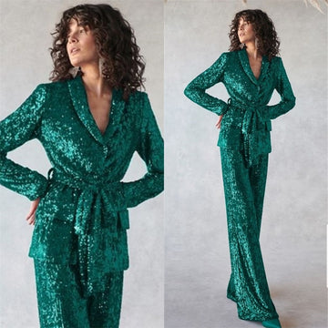 Shining Sequin Women Suits Sets For Party 2 Pcs Blazer with Belt + Pants Formal Red Carpet Prom Evening Dress Custom Made