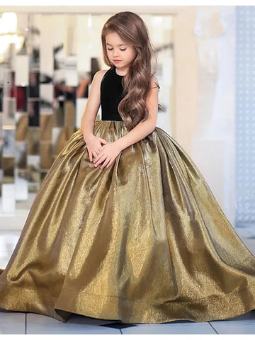 Vestido elegante de fiesta dorado y top negro sin mangas para niñas