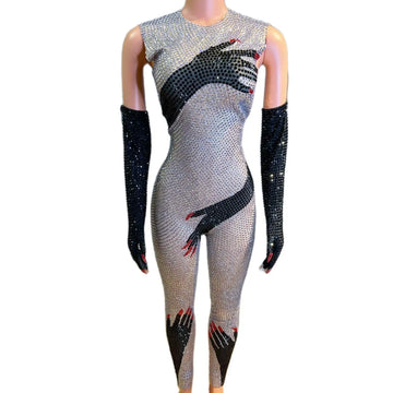 Combinaison noire scintillante avec strass et gants pour des performances et des célébrations éblouissantes sur scène