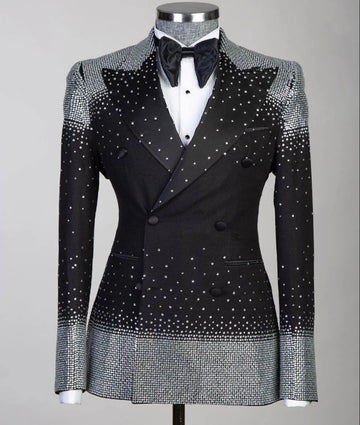 Elegante traje de novio negro y plateado para hombre: blazer cruzado brillante con adornos de cristal, perfecto para bodas y eventos formales, tallas grandes a medida disponibles.