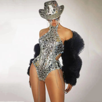 Dazzling Silver Sequin Bodysuit with Stunning Hat for Drag Queen Performances and Nightclub Parties, Complete with Glamorous Tassels