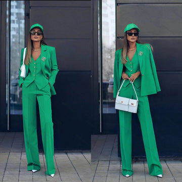 Costume 3 pièces vert simple et classique, veste, pantalon, gilet, revers cranté, formel, décontracté, pour femme, tenue de bal, de soirée, streetwear