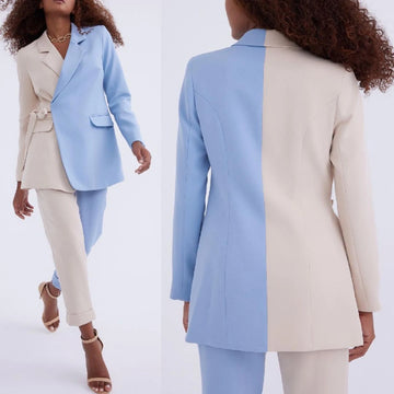 Simple Lace Up Women Suits Notched Lapel Blazer+Pants 2 Piece Slim Fit Casual Pocket Patchwork 2 Colors Suit Set Custom Made