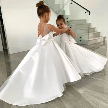 Girls White Sleeveless Flower Girl Dress with Bow Detail