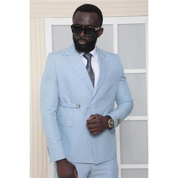 Sky Blue Blazer Sets 2 Pieces Groom Tuxedo Coats Pants Formal