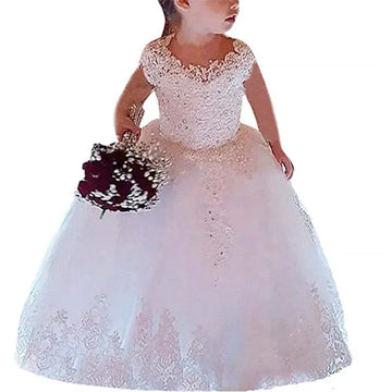 Robe de mariée en dentelle florale pour filles, sans manches, robe de bal princesse, robe de soirée pour enfants