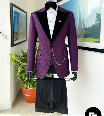 Slim Fit Suits for Men Peaked Lapel Floral Wedding Suit Jacket with Pants 2 Piece Groom Tuxedo Best Male Costume