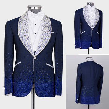 Sparkly Men's Suits Tailored 3 Pieces Blazer Vest Black Pants One Button Groom Sheer Lapel Diamonds Beaded Custom Made Plus Size