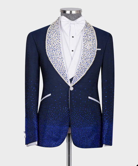 Sparkly Men's Suits Tailored 3 Pieces Blazer Vest Black Pants One Button Groom Sheer Lapel Diamonds Beaded Custom Made Plus Size